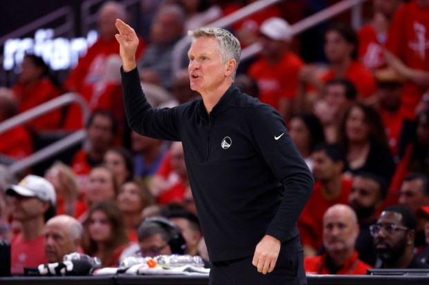 Head coach Steve Kerr of the Golden State Warriors reacts against the Houston Rockets during the third quarter in Game Seven of the Western Conference First Round NBA Playoffs at Toyota Center on May 04, 2025 in Houston, Texas. (Photo by Tim Warner/Getty Images)