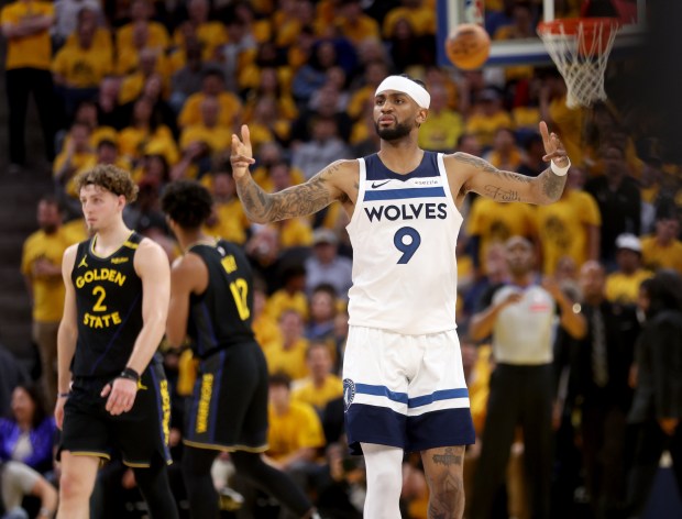 Minnesota Timberwolves' Nickeil Alexander-Walker #9 celebrates in the second quarter of their NBA Western Conference semifinal game against the Golden State Warriors at the Chase Center in San Francisco, Calif., on Monday, May 12, 2025. (Jane Tyska/Bay Area News Group)