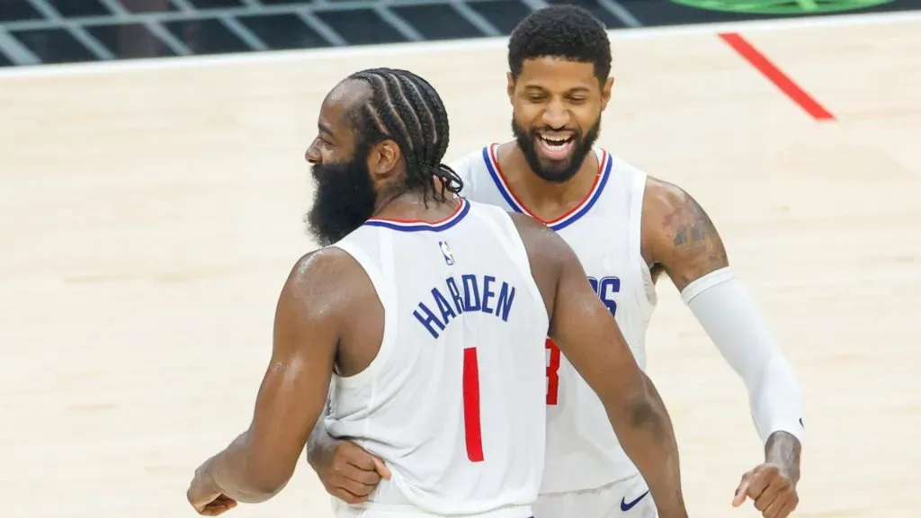 January 21, 2024, Los Angeles, California, United States: Los Angeles Clippers Paul George (R) celebrates with James Harden (L) after the team defeating the Brooklyn Nets