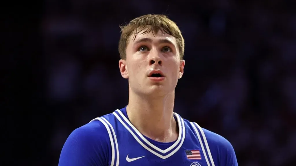 Cooper Flagg #2 of the Duke Blue Devils looks on during the first half against the Arizona Wildcats at McKale Center on November 22, 2024 in Tucson, Arizona
