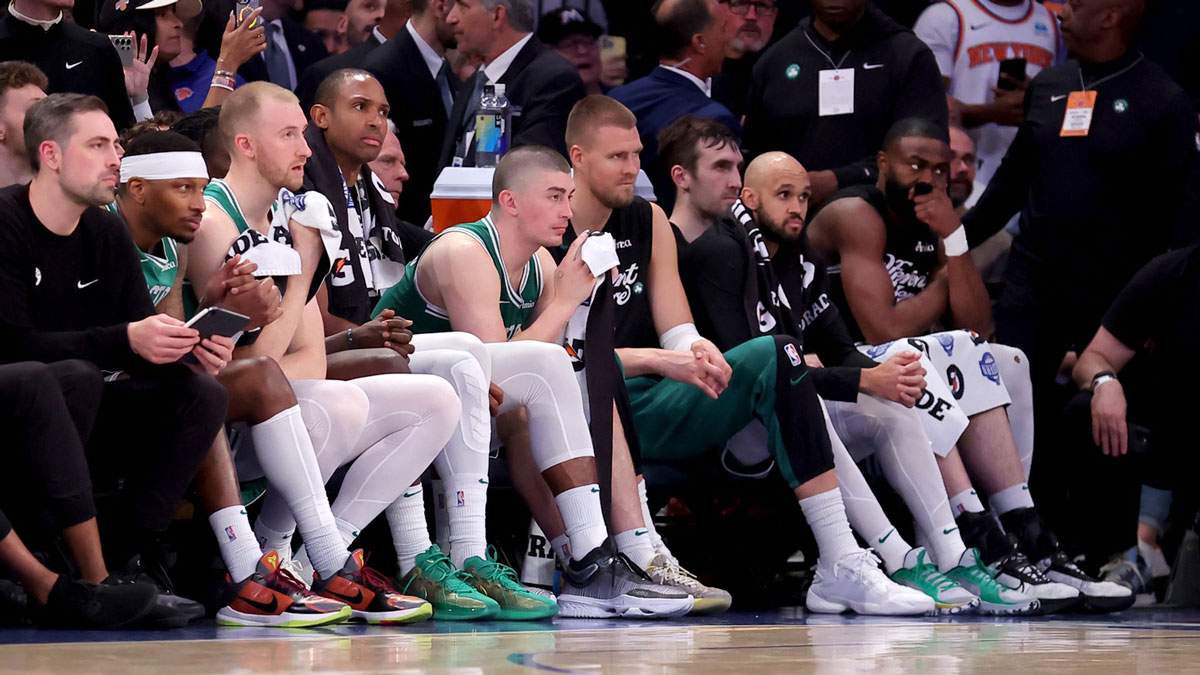 Boston Celtics players watch from the bench during the end of the fourth quarter of game six in the second round of the 2025 NBA Playoffs against the New York Knicks at Madison Square Garden. 