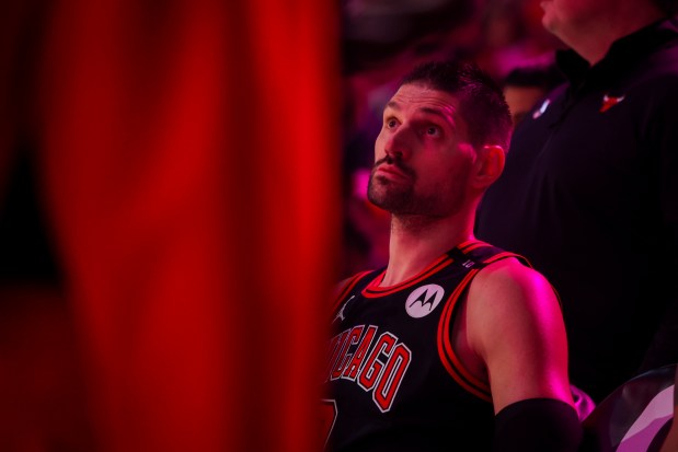 Chicago Bulls center Nikola Vucevic (9) looks to his coaches during second half of a game against the Miami Heat at the United Center on Wednesday, April 9, 2025, in Chicago. (Audrey Richardson/Chicago Tribune)