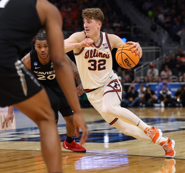 Illinois guard Kasparas Jakucionis drives to the hoop during a first-round NCAA Tournament game against Xavier on March 21, 2025, at Fiserv Forum in Milwaukee. (Chris Sweda/Chicago Tribune)