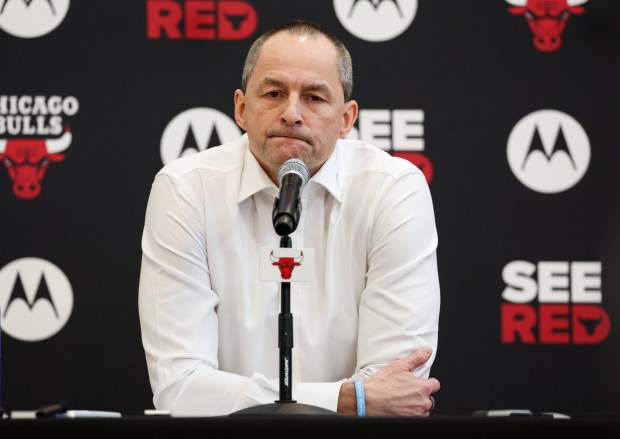 Bulls executive vice president of basketball operations Artūras Karnišovas speaks at his end-of-season news conference Thursday, April 17, 2025, at the Advocate Center. (Eileen T. Meslar/Chicago Tribune)