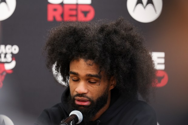 Chicago Bulls guard Coby White answers questions during an end-of-season press conference at the Advocate Center on Thursday, April 17, 2025. (Eileen T. Meslar/Chicago Tribune)