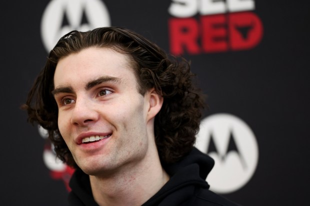 Chicago Bulls guard Josh Giddey answers questions during an end-of-season press conference at the Advocate Center on Thursday, April 17, 2025. (Eileen T. Meslar/Chicago Tribune)