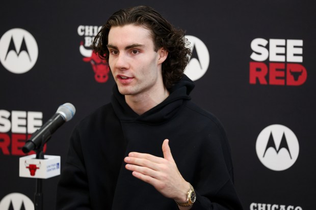 Chicago Bulls guard Josh Giddey answers questions during an end-of-season press conference at the Advocate Center on April 17, 2025. (Eileen T. Meslar/Chicago Tribune)