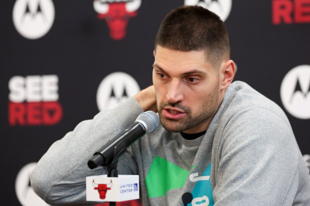 Chicago Bulls center Nikola Vučević answers questions during an end-of-season press conference at the Advocate Center on Thursday, April 17, 2025. (Eileen T. Meslar/Chicago Tribune)