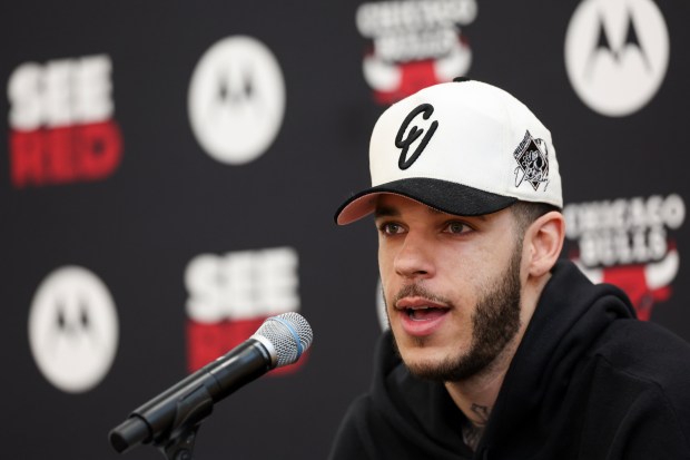 Chicago Bulls guard Lonzo Ball answers questions during an end-of-season press conference at the Advocate Center on Thursday, April 17, 2025. (Eileen T. Meslar/Chicago Tribune)