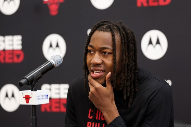 Chicago Bulls guard Ayo Dosunmu answers questions during an end-of-season press conference at the Advocate Center on Thursday, April 17, 2025. (Eileen T. Meslar/Chicago Tribune)