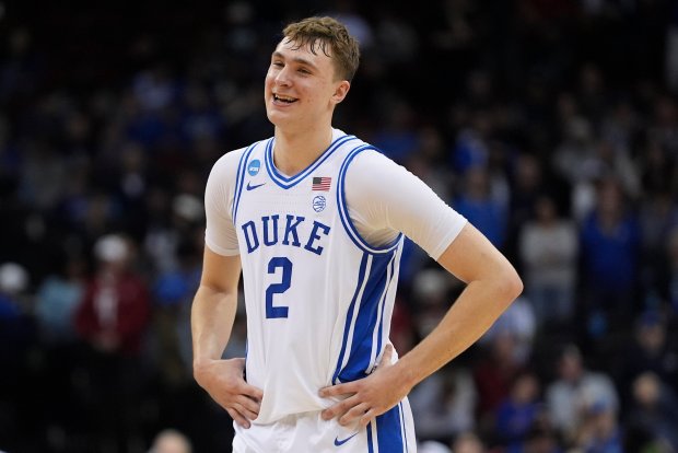 Duke forward Cooper Flagg reacts after a victory over Alabama in the Elite Eight of the NCAA Tournament on March 29, 2025, in Newark, N.J. (AP Photo/Frank Franklin II)