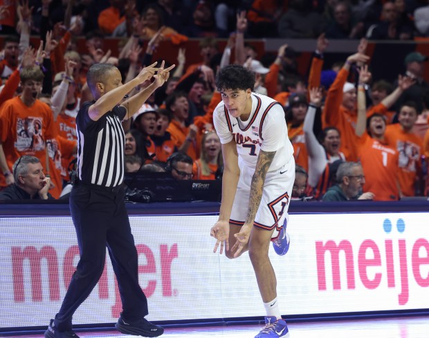 Illinois forward Will Riley gestures after hitting a 3-pointer against Michigan State on Feb. 15, 2025, in Champaign. (John J. Kim/Chicago Tribune)