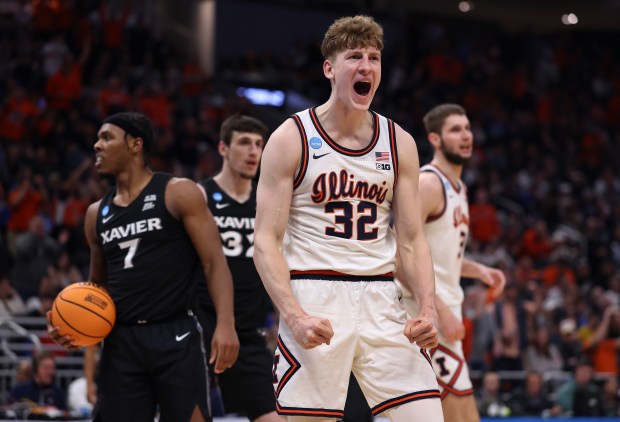 Illinois guard Kasparas Jakucionis celebrates after scoring while being fouled against Xavier in the first round of the NCAA Tournament on March 21, 2025, in Milwaukee. (Chris Sweda/Chicago Tribune)
