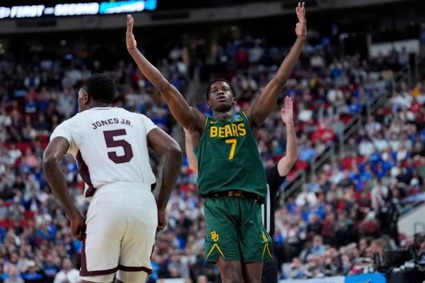 Baylor guard VJ Edgecombe celebrates after making a 3-pointer against Mississippi State in the first round of the NCAA Tournament on March 21, 2025, in Raleigh, N.C. (AP Photo/Stephanie Scarbrough)