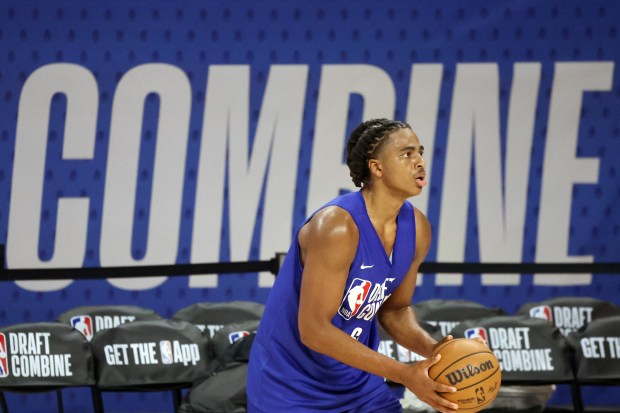 Collin Murray-Boyles lines up a shot during the NBA draft combine on May 13, 2025, at Wintrust Arena. (Terrence Antonio James/Chicago Tribune)