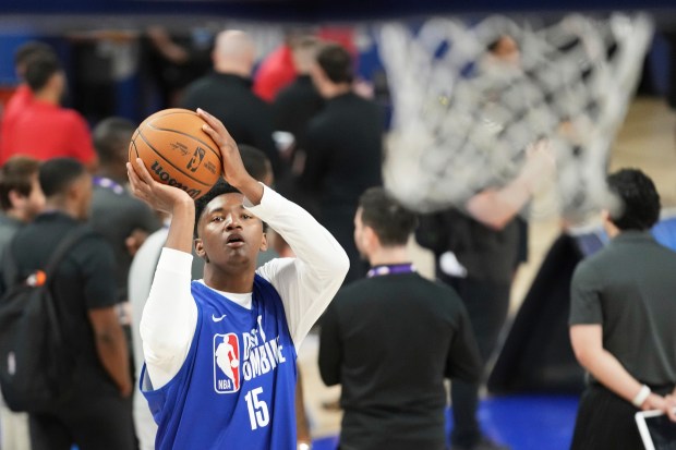 Derik Queen participates at the NBA draft combine on May 13, 2025, at Wintrust Arena. (Nam Y. Huh/AP)