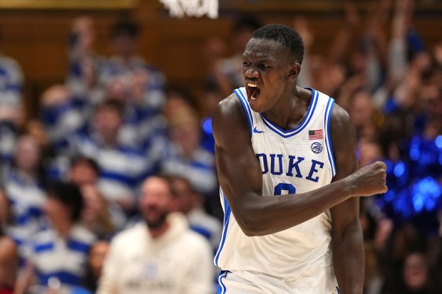 Duke's Khaman Maluach reacts during a game against North Carolina State on Jan. 27, 2025, in Durham, N.C. (Grant Halverson/Getty Images/TNS)