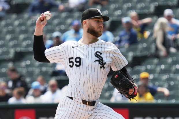 White Sox startrer Sean Burke delivers against the Brewers during the first inning on May 1, 2025, at Rate Field. (Nam Y. Huh/AP)