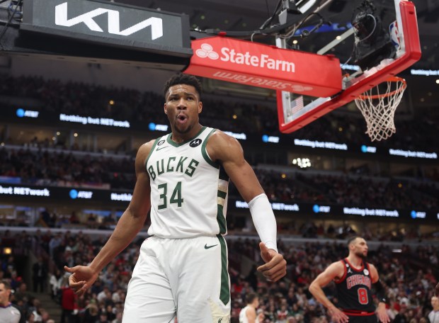 Milwaukee Bucks forward Giannis Antetokounmpo (34) yells after a dunk in the first quarter against the Chicago Bulls at United Center Wednesday, Dec. 28, 2022, in Chicago. (John J. Kim/Chicago Tribune)