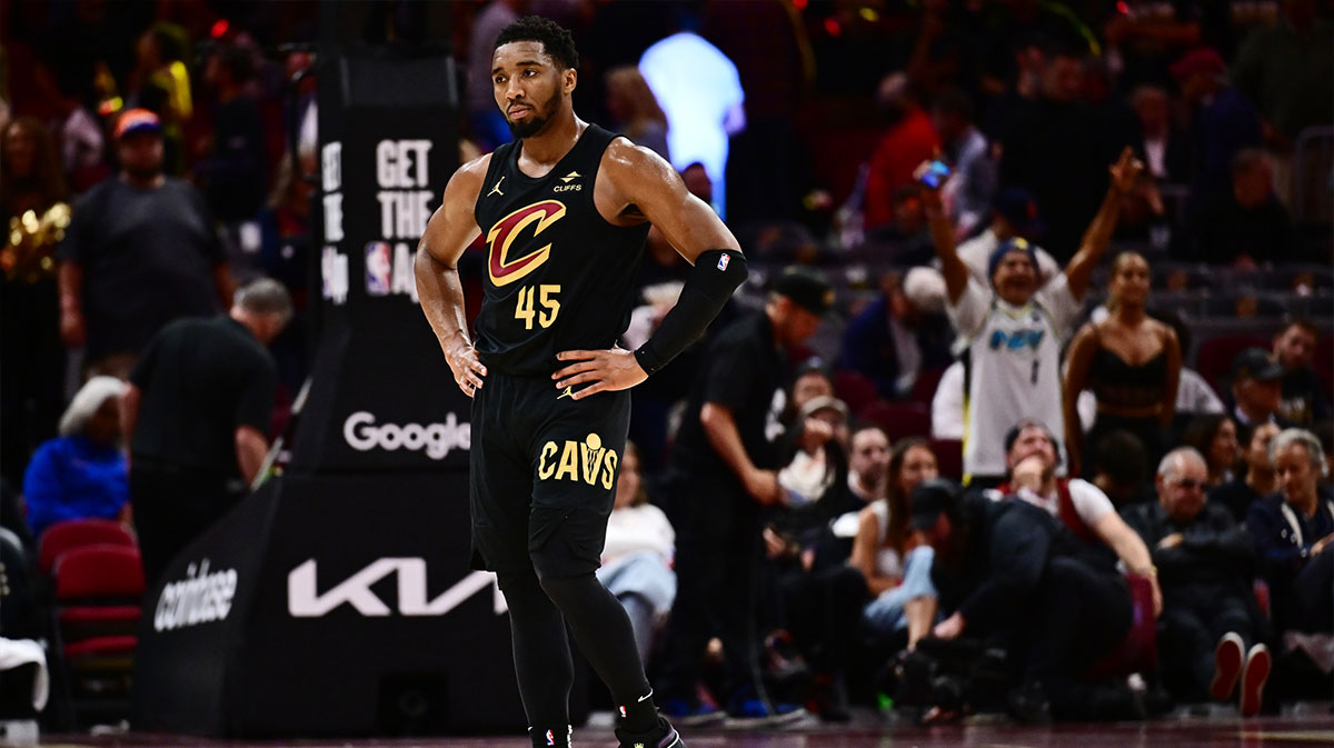 Cleveland Cavaliers guard Donovan Mitchell (45) reacts during the second half of game five against the Indiana Pacers in the second round for the 2025 NBA Playoffs at Rocket Arena.
