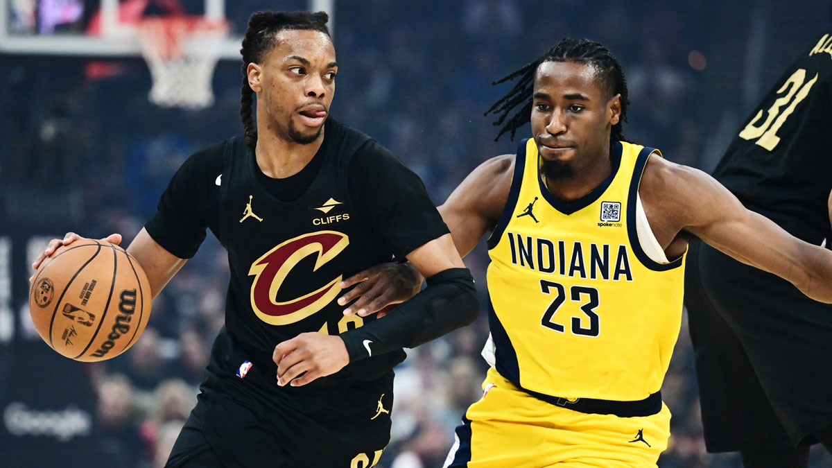 Cleveland Cavaliers guard Darius Garland (10) drives to the basket against Indiana Pacers forward Aaron Nesmith (23) during the first quarter of game five of the second round for the 2025 NBA Playoffs at Rocket Arena