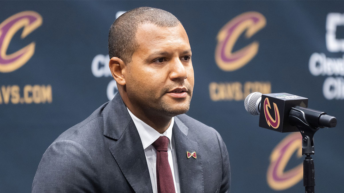Cavaliers general manager Koby Altman talks to the media during media day at Rocket Mortgage FieldHouse