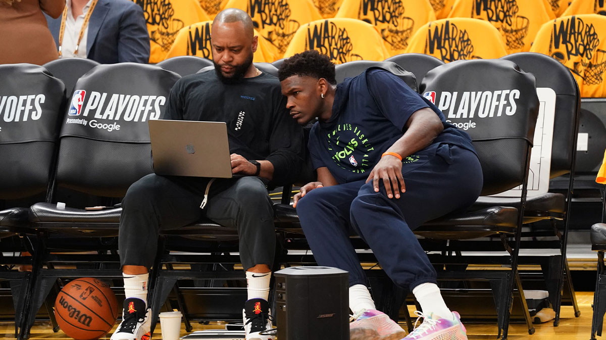 Minnesota Timberwolves Director of Player Development Chris Hines watches video with Minnesota Timberwolves guard Anthony Edwards (5) before game three of the second round for the 2025 NBA Playoffs against the Golden State Warriors at Chase Center. 