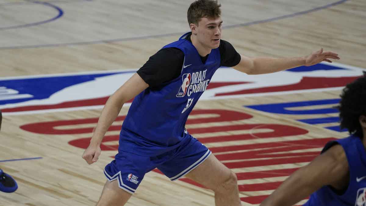 Cooper Flagg participates in the 2025 NBA Draft Combine at Wintrust Arena. 