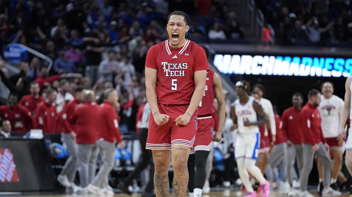 Texas Tech Red Raiders forward Darrion Williams (5) reacts during the second half against the Florida Gators during the West Regional final of the 2025 NCAA tournament at Chase Center.