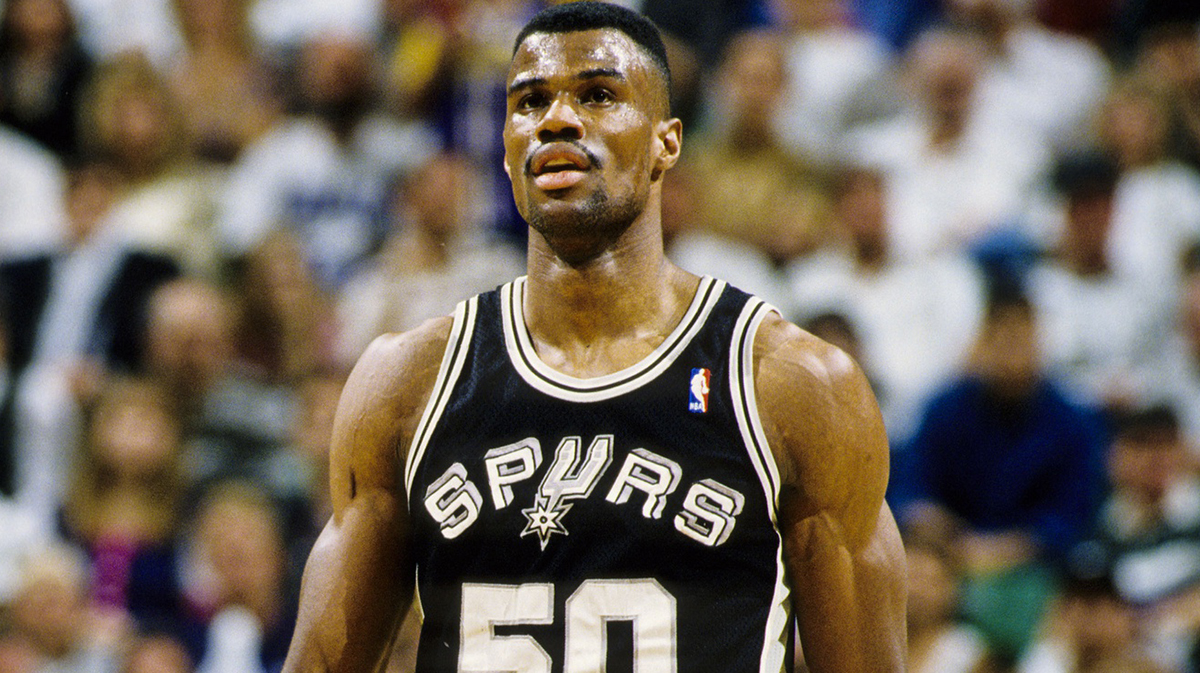 San Antonio Spurs center David Robinson (50) on the court during the 1996 season.
