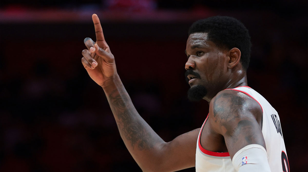 Portland Trail Blazers center Deandre Ayton (2) signals against the Miami Heat during the fourth quarter at Kaseya Center.