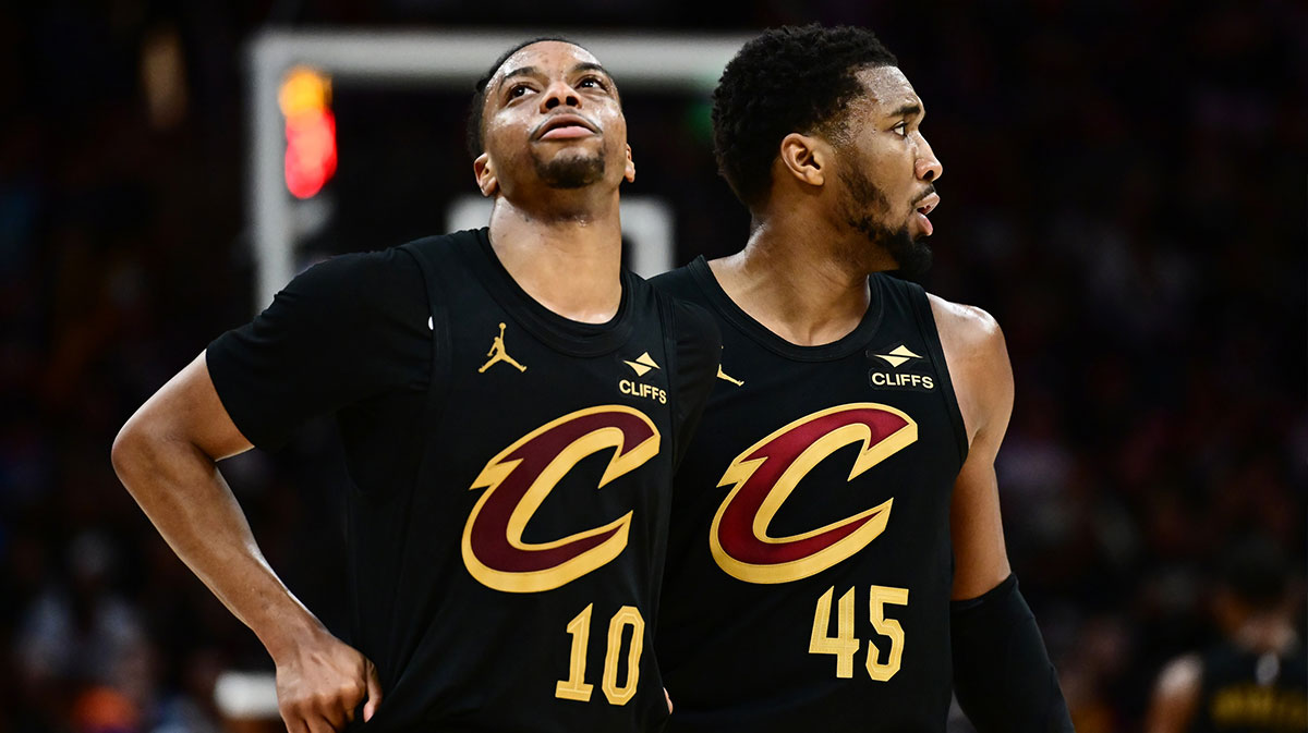 Cleveland Cavaliers guard Darius Garland (10) and guard Donovan Mitchell (45) react during the second half against the Indiana Pacers in game five of the second round for the 2025 NBA Playoffs at Rocket Arena. 