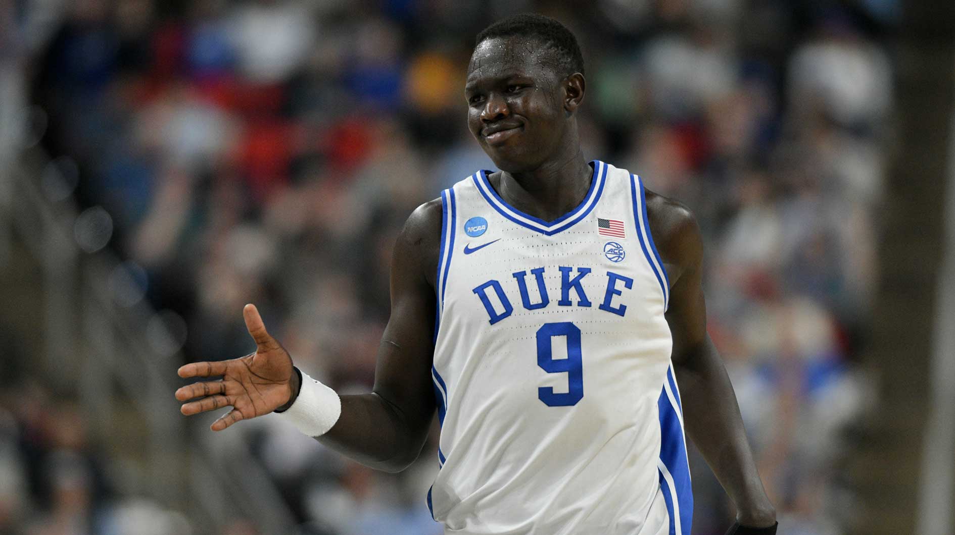 Duke Blue Devils center Khaman Maluach (9) celebrates during the first half against the Mount St. Mary's Mountaineers in the first round of the NCAA Tournament at Lenovo Center.