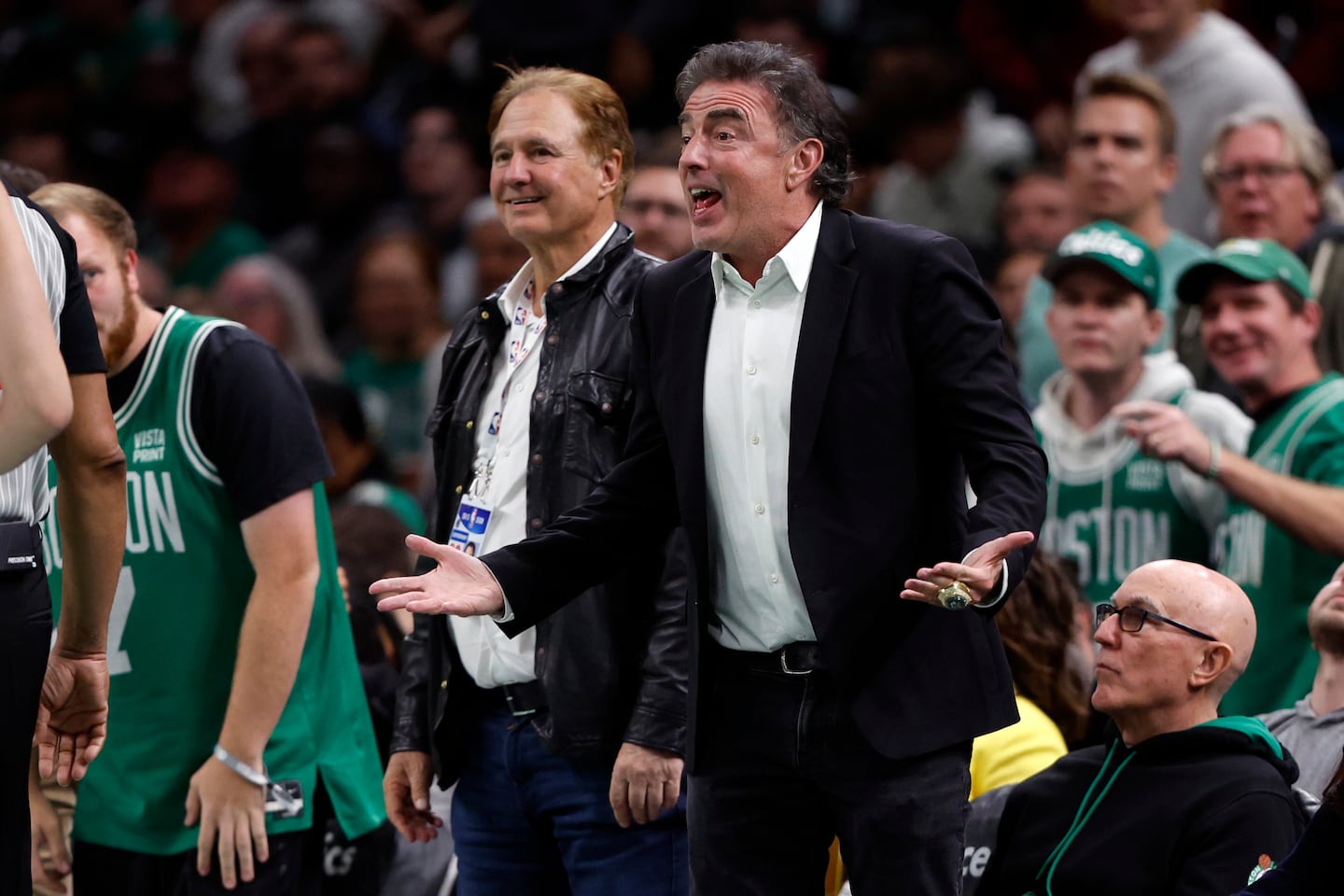 Boston Celtics majority owners Wyc Grousbeck, right, and Steve Pagliuca on the sideline of a game earlier this season.