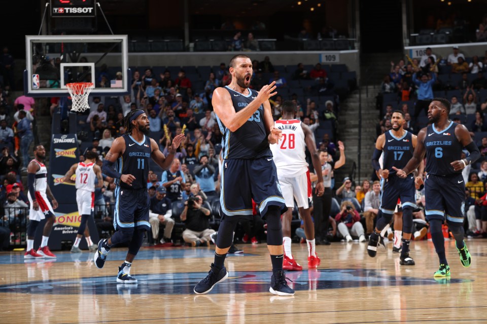 MEMPHIS, TN - OCTOBER 30: Marc Gasol #33 of the Memphis Grizzlies celebrates after hitting a three pointer against the Washington Wizards on October 30, 2018 at FedEx Forum in Memphis, Tennessee. NOTE TO USER: User expressly acknowledges and agrees that, by downloading and or using this photograph, User is consenting to the terms and conditions of the Getty Images License Agreement. Mandatory Copyright Notice: Copyright 2018 NBAE (Photo by Joe Murphy/NBAE via Getty Images)
