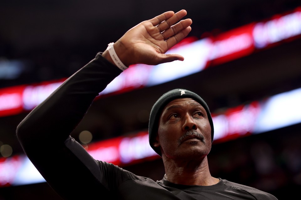 SALT LAKE CITY, UTAH - FEBRUARY 18: Former professional basketball player Karl Malone gestures during the 2023 NBA All Star Starry 3-Point Contest at Vivint Arena on February 18, 2023 in Salt Lake City, Utah. NOTE TO USER: User expressly acknowledges and agrees that, by downloading and or using this photograph, User is consenting to the terms and conditions of the Getty Images License Agreement. (Photo by Tim Nwachukwu/Getty Images)