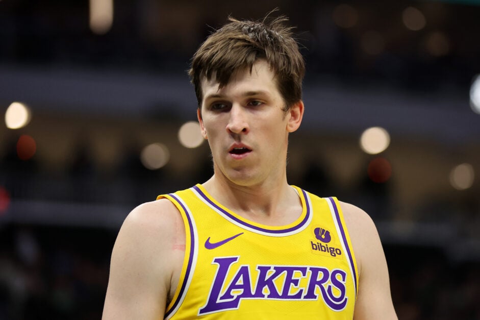 Austin Reaves #15 of the Los Angeles Lakers waits for a free throw during a game against the Milwaukee Bucks.