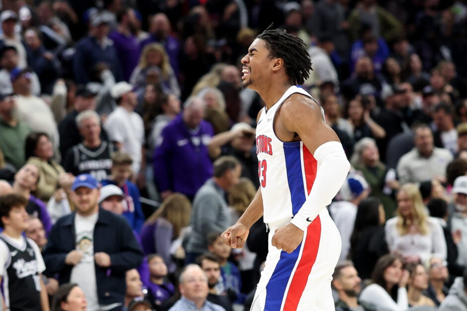 Jaden Ivey celebrating a big play for the Detroit Pistons.