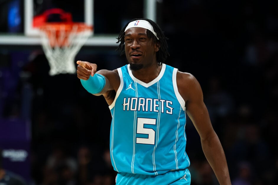 Mark Williams #5 of the Charlotte Hornets reacts during the second half of a basketball game against the Orlando Magic at Spectrum Center.