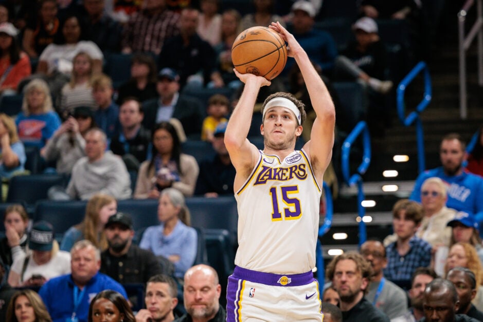 Austin Reaves shots the ball during Los Angeles Lakers v Oklahoma City Thunder