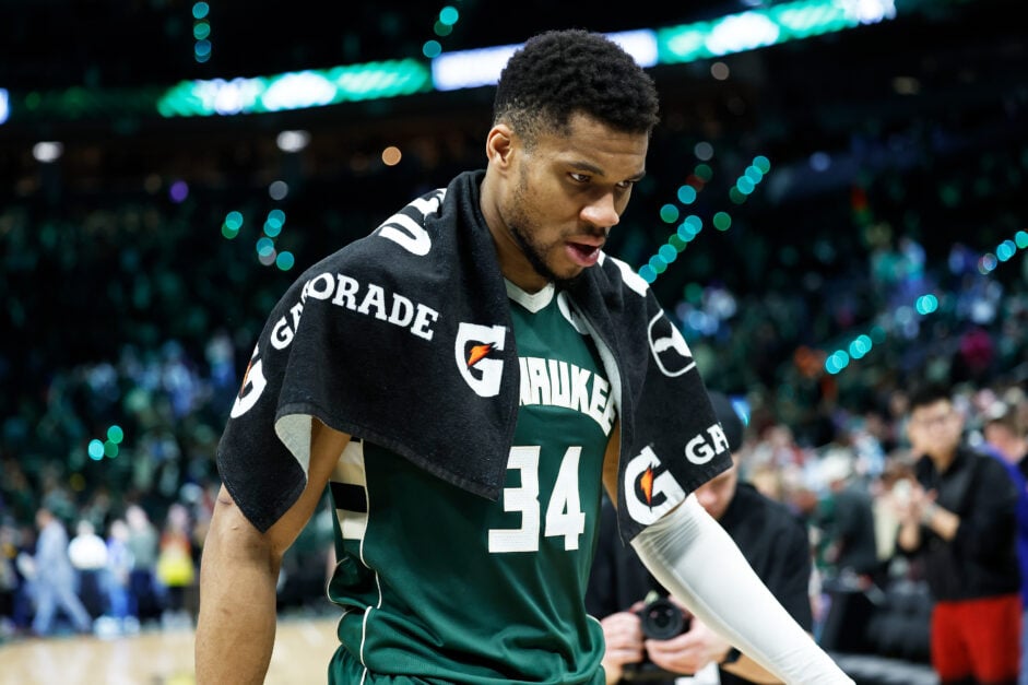 #34 of the Milwaukee Bucks, Giannis Antetokounmpo looks down during the 2025 NBA Playoffs.