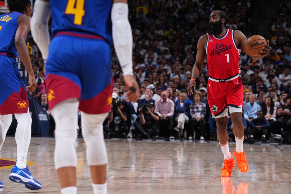 DENVER, CO - MAY 3: James Harden #1 of the LA Clippers dribbles the ball during the game against the Denver Nuggets during Round 1 Game 7 of the 2025 NBA Playoffs on May 3, 2025 at Ball Arena in Denver, Colorado. NOTE TO USER: User expressly acknowledges and agrees that, by downloading and/or using this Photograph, user is consenting to the terms and conditions of the Getty Images License Agreement. Mandatory Copyright Notice: Copyright 2025 NBAE (Photo by Garrett Ellwood/NBAE via Getty Images)