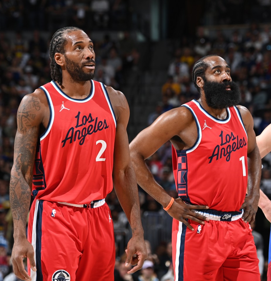 INGLEWOOD, CA - MAY 3: James Harden #1 and Kawhi Leonard #2 of the LA Clippers look on during Round One, Game Seven of the 2025 NBA Playoffs against the Denver Nuggets on May 3, 2025 at Ball Arena in Denver, Colorado. NOTE TO USER: User expressly acknowledges and agrees that, by downloading and/or using this Photograph, user is consenting to the terms and conditions of the Getty Images License Agreement. Mandatory Copyright Notice: Copyright 2025 NBAE (Photo by Juan Ocampo/NBAE via Getty Images)