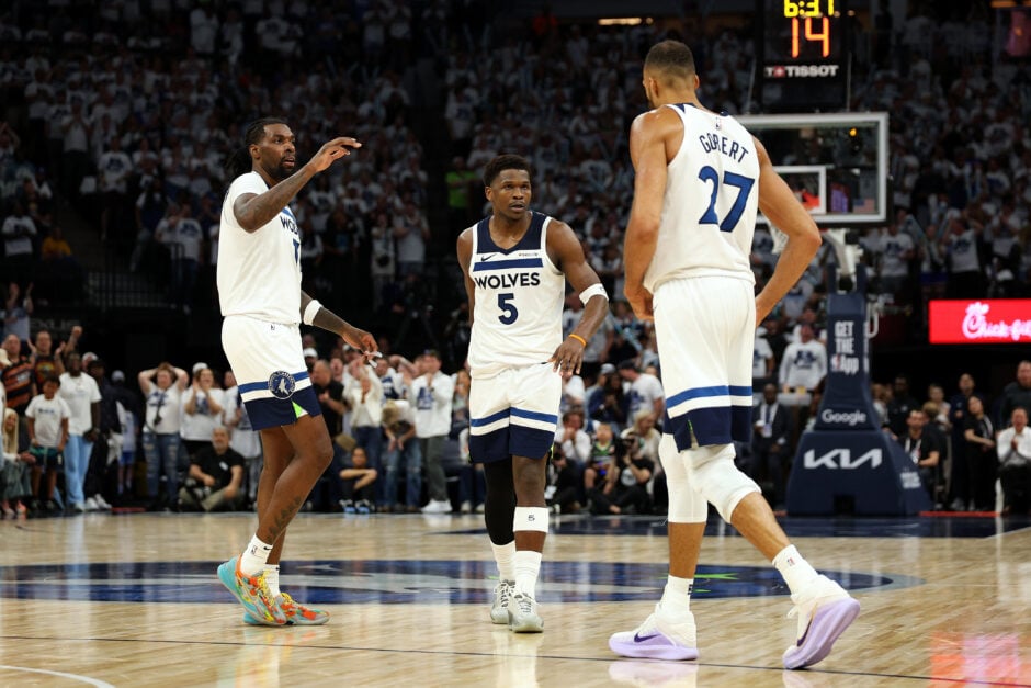 Naz Reid #11, Anthony Edwards #5, and Rudy Gobert #27 of the Minnesota Timberwolves interact in the fourth quarter of Game One against the Golden State Warriors during the Second Round of the 2025 NBA Playoffs at Target Center on May 06, 2025 in Minneapolis