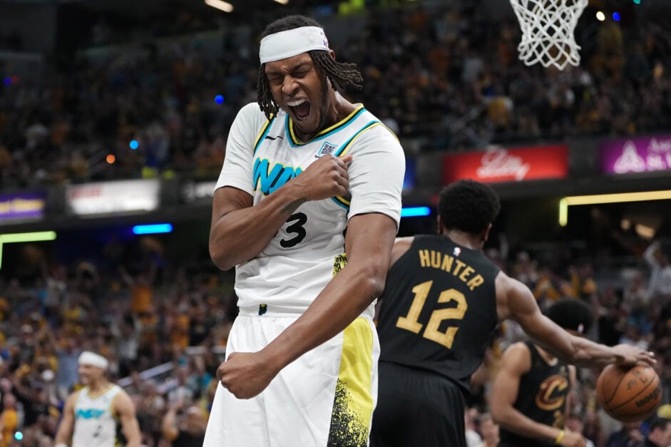 Myles Turner celebrates for Pacers vs Cavaliers