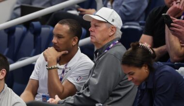 CEO Danny Ainge of the Utah Jazz and Avery Bradley watch players during the 2025 NBA Draft Combine ...