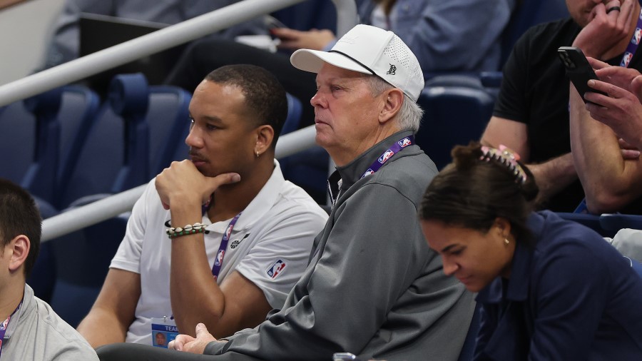 CEO Danny Ainge of the Utah Jazz and Avery Bradley watch players during the 2025 NBA Draft Combine ...