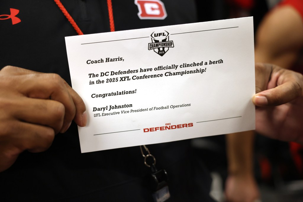 Interim head coach Shannon Harris of the DC Defenders receives a conference championship berth after a 33-30 win against the Arlington Renegades at Audi Field on May 18, 2025 in Washington, DC.