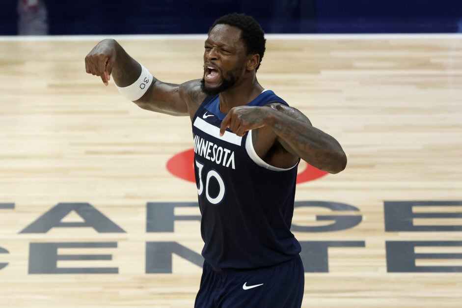 Julius Randle #30 of the Minnesota Timberwolves reacts against the Oklahoma City Thunder during the third quarter in Game Three of the Western Conference Finals of the 2025 NBA Playoffs at Target Center.