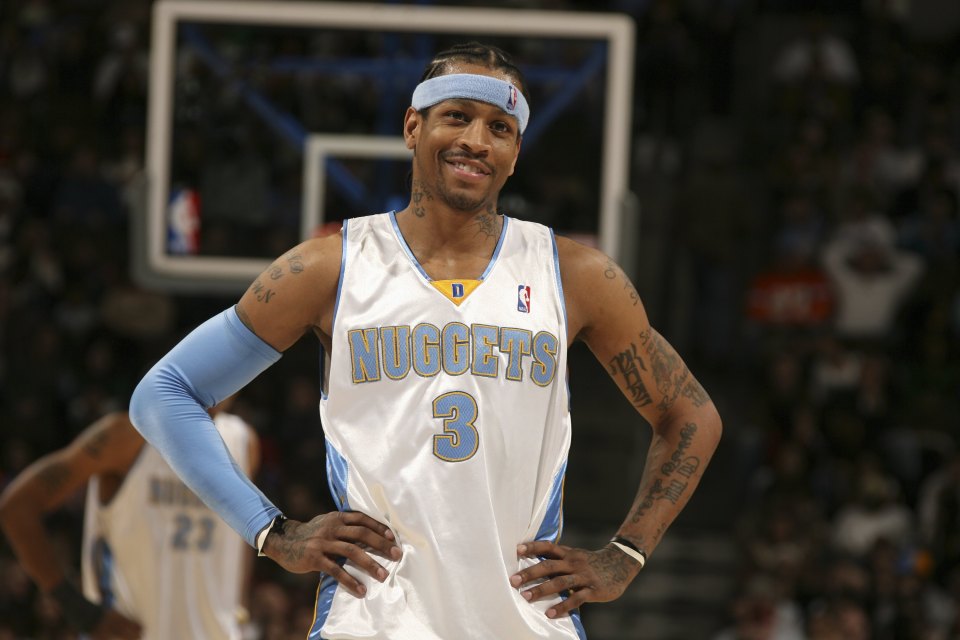 DENVER - JANUARY 2: Allen Iverson #3 of the Denver Nuggets smiles on the court against the Philadelphia 76ers at the Pepsi Center January 2, 2007 in Denver, Colorado. NOTE TO USER: User expressly acknowledges and agrees that, by downloading and or using this photograph, User is consenting to the terms and conditions of the Getty Images License Agreement. Mandatory Copyright Notice: Copyright 2007 NBAE (Photo by Nathaniel S. Butler/NBAE via Getty Images)